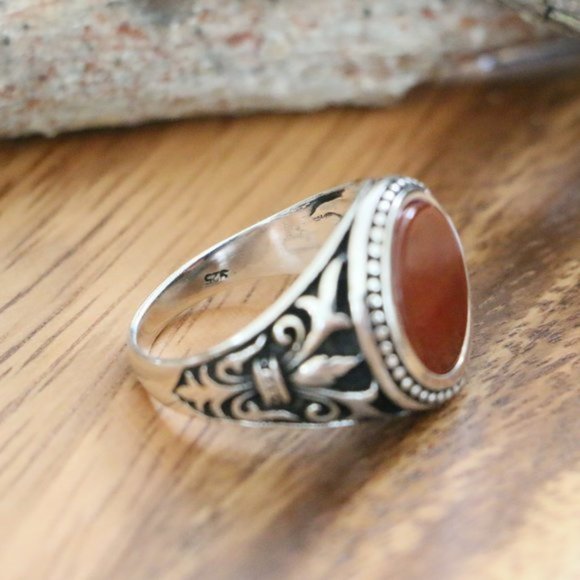 925 Sterling Silver Men's Ring Natural Red Agate - Picture 9 of 9